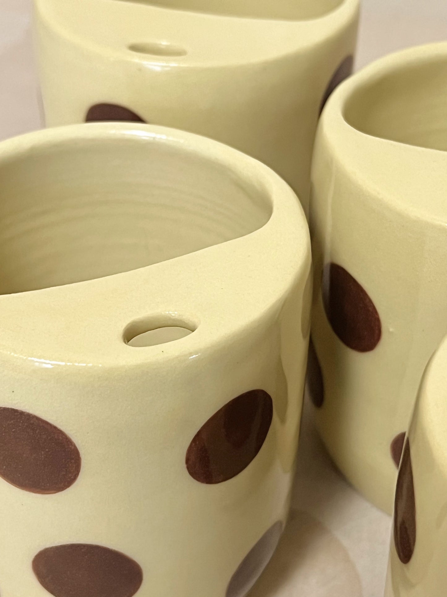 Brown polka dots To-Go Cup. Butter yellow cup.