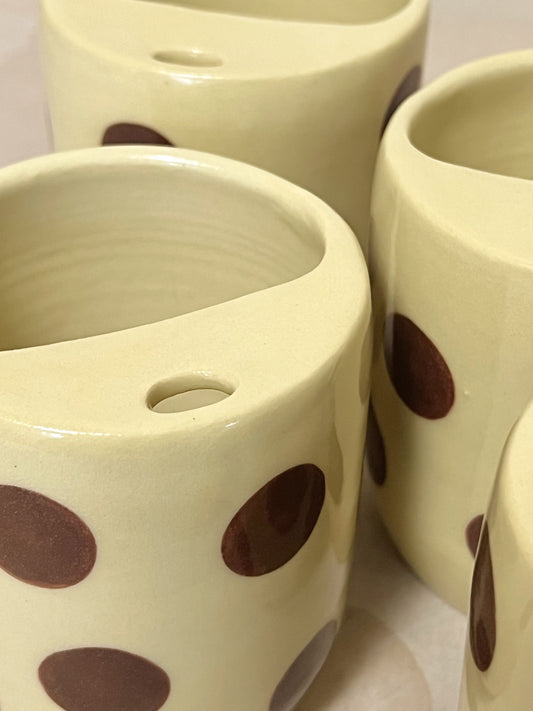 Brown polka dots To-Go Cup. Butter yellow cup.