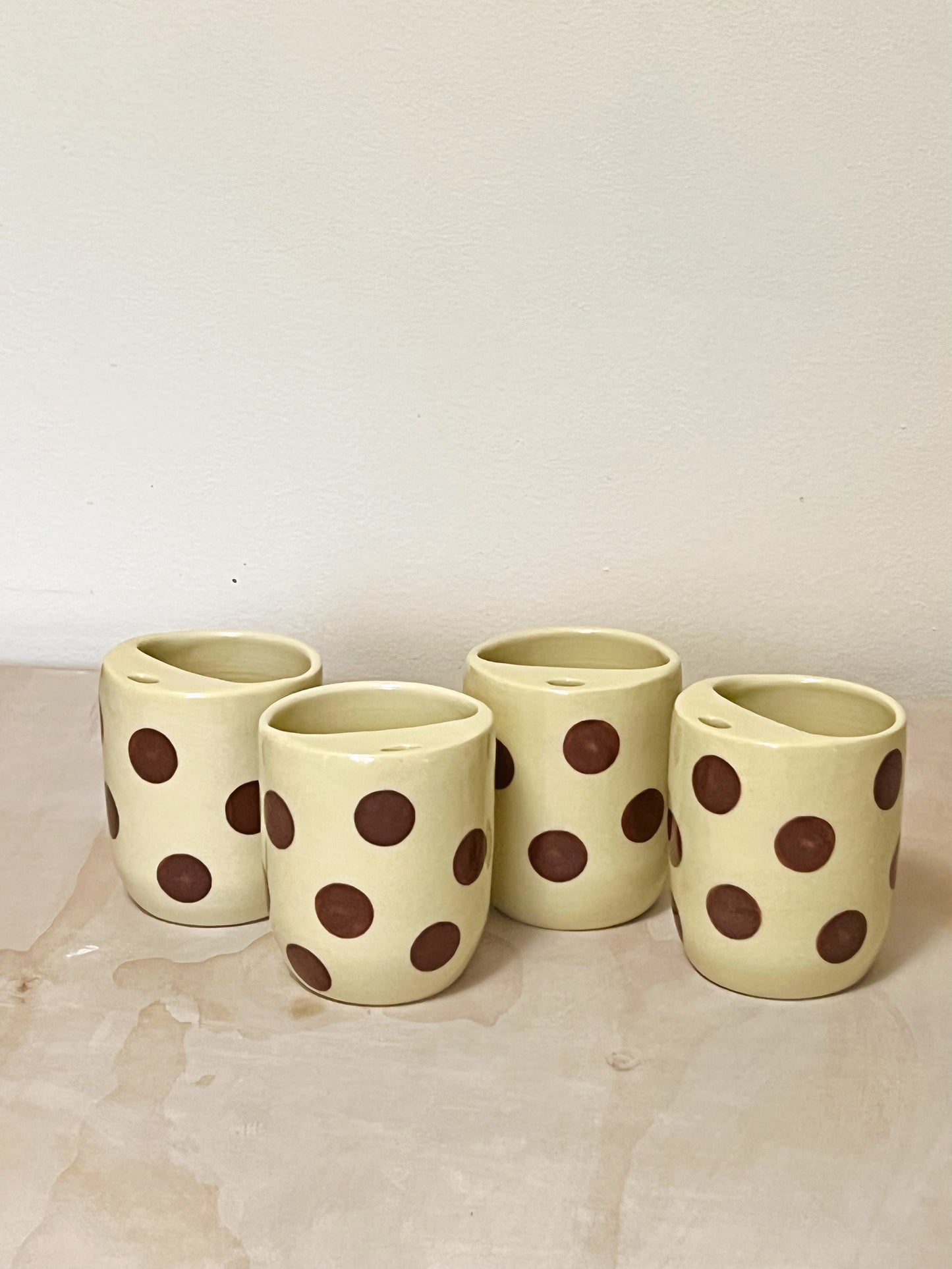 Brown polka dots To-Go Cup. Butter yellow cup.