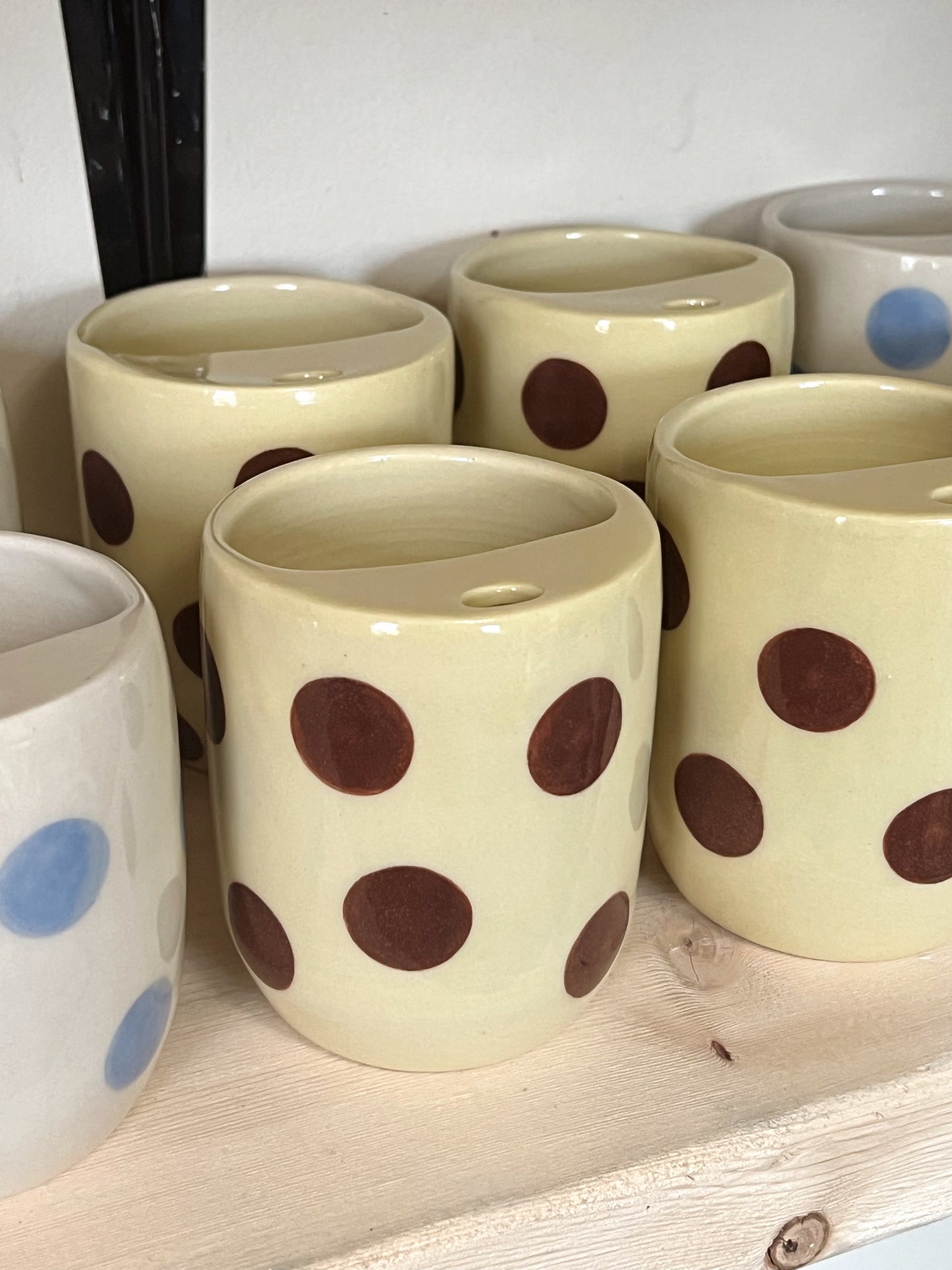 Brown polka dots To-Go Cup. Butter yellow cup.